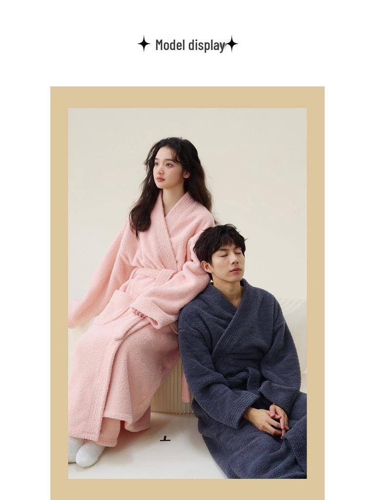 Unisex Coral Fleece Velvet Nightgown - Autumn/Winter Extended Bathrobe for Couples
