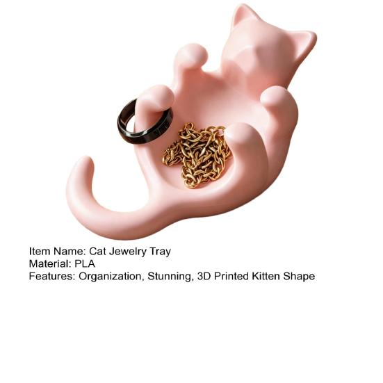 3D Printed Sculpted Black Cat Tray Cute Kitten Jewelry Trinket Dish with Hollow Belly Desktop Decorative Ring Holder for Earrings Bracelets Necklaces