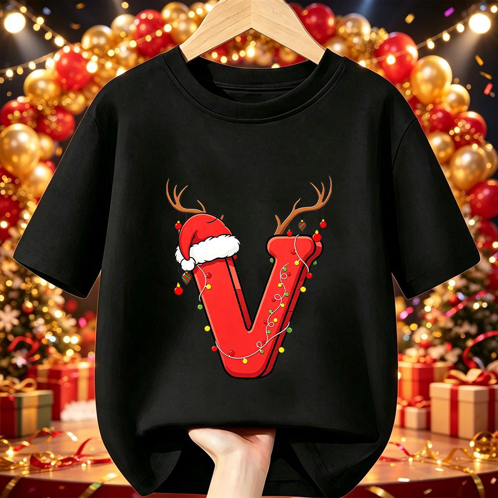 Cotton Kids Christmas T‑Shirt Cartoon Santa Antlers String Light A‑Z Print Short Sleeve O‑Neck X‑mas Party Tee Children Clothing
