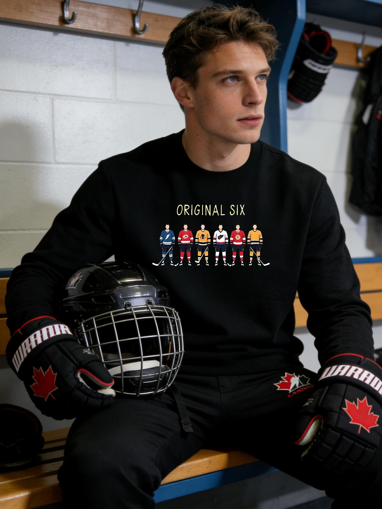 

Hockey Print Men s Relaxed Fit Polyester Crew Neck Sweatshirt Warm Cozy Lounge Wear for Home XXL чорний