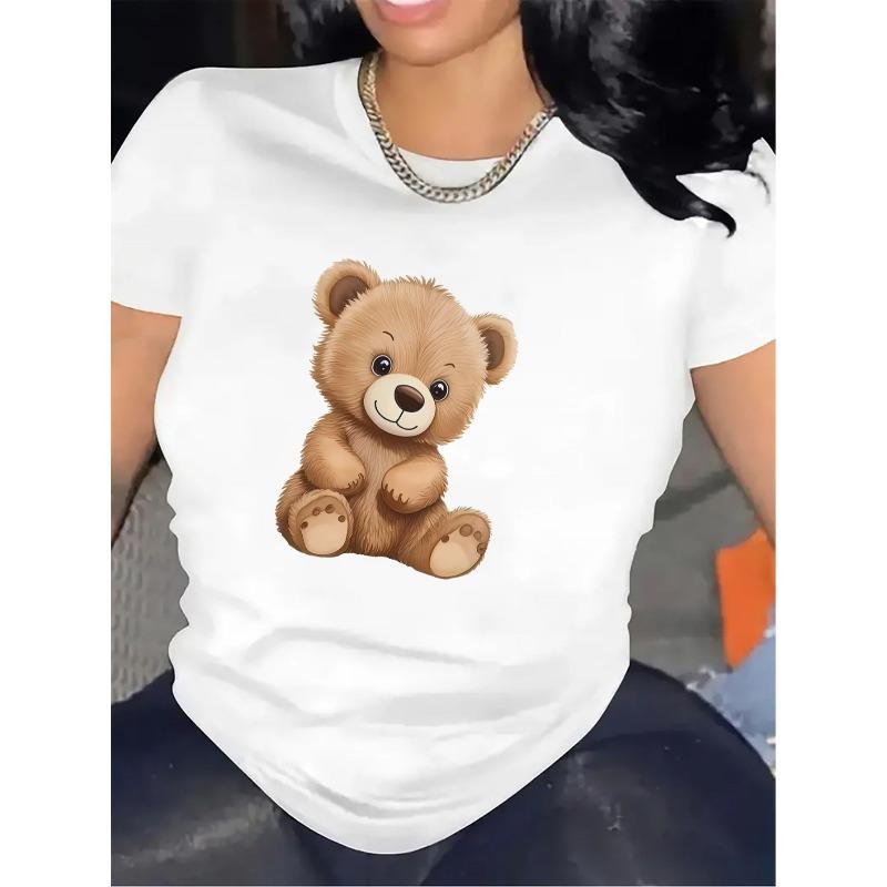 Women Soft Plush Teddy Bear Print T-Shirt Black Round Neck Short Sleeve Casual Home All-Season Gift Tee