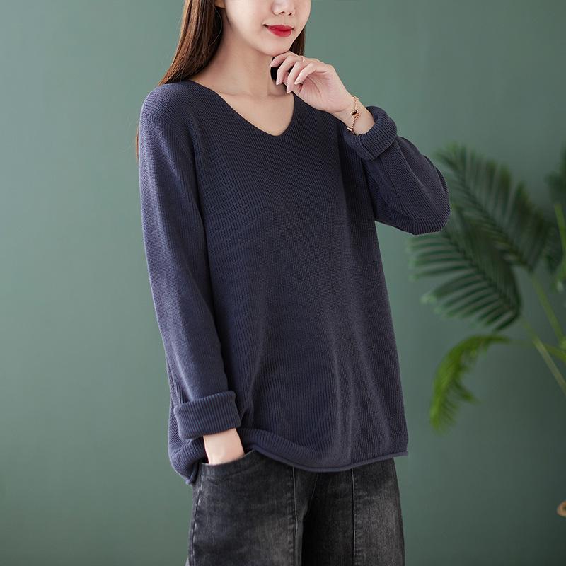 

Xin Xing 2025 Spring Cotton V-neck Knitted Long-Sleeve Women s Pullover Sweater One Size сірий колір/синій
