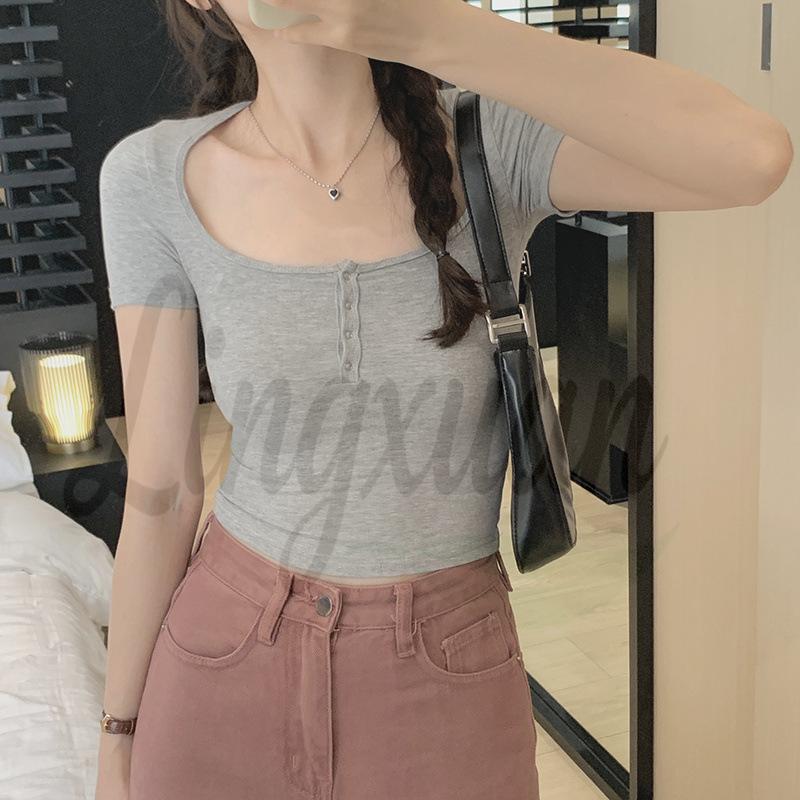 Women's Summer 2026 Slim Fit Solid Color Cropped T-shirt