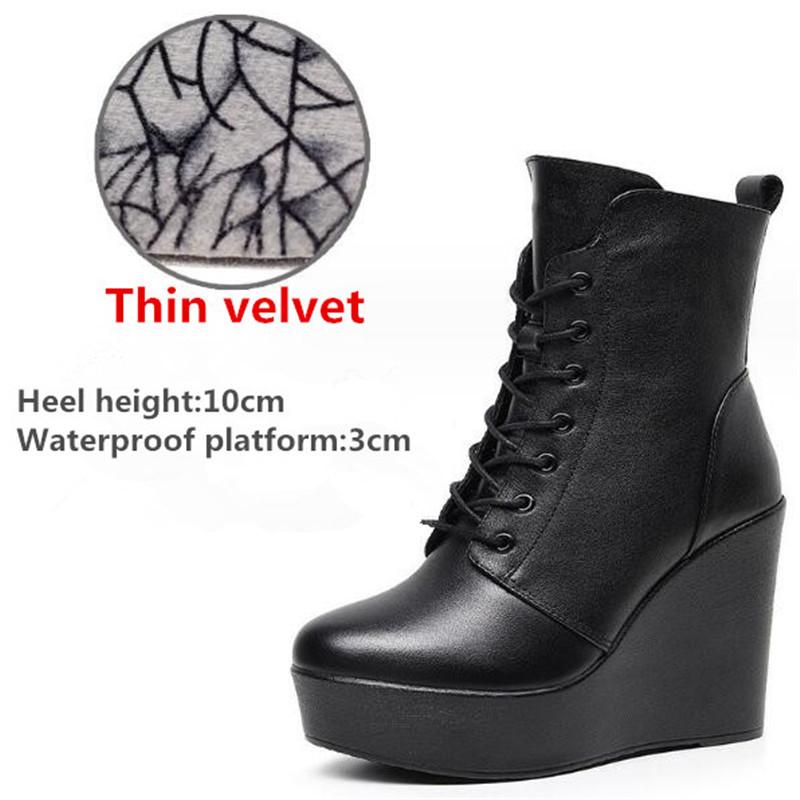 Women Genuine Leather Ankle Boots Winter Female Plush Snow Boots Platform Wedge Boots Women's High Heel Shoes Size 33-43