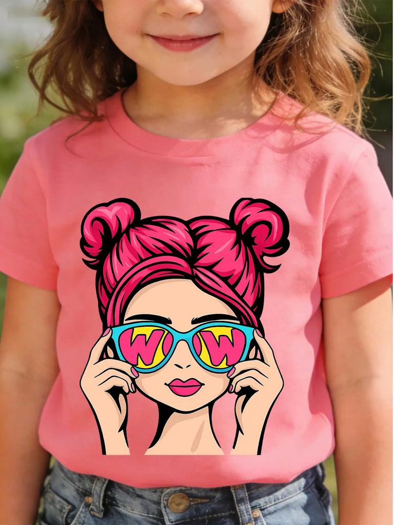 Childrens Shortsleeved Tshirts for Boys and Girls Loose and Breathablepop Art Girl Wow Sunglasses Cartoon Girl Retro Pop