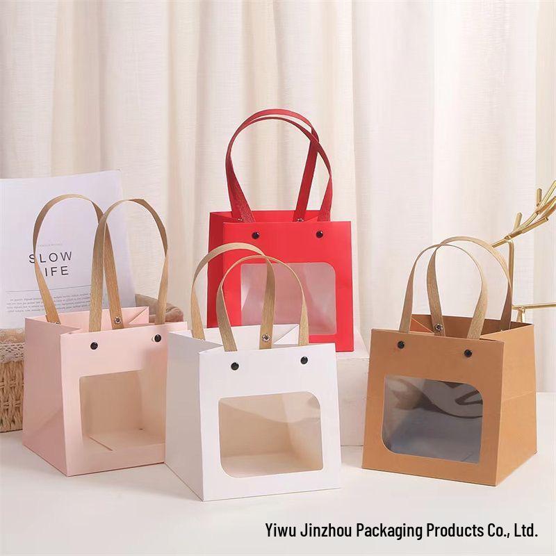 Floral Kraft Paper Tote Bag: Square Gift Bag for Teacher's Day, Available in Large and Small Sizes