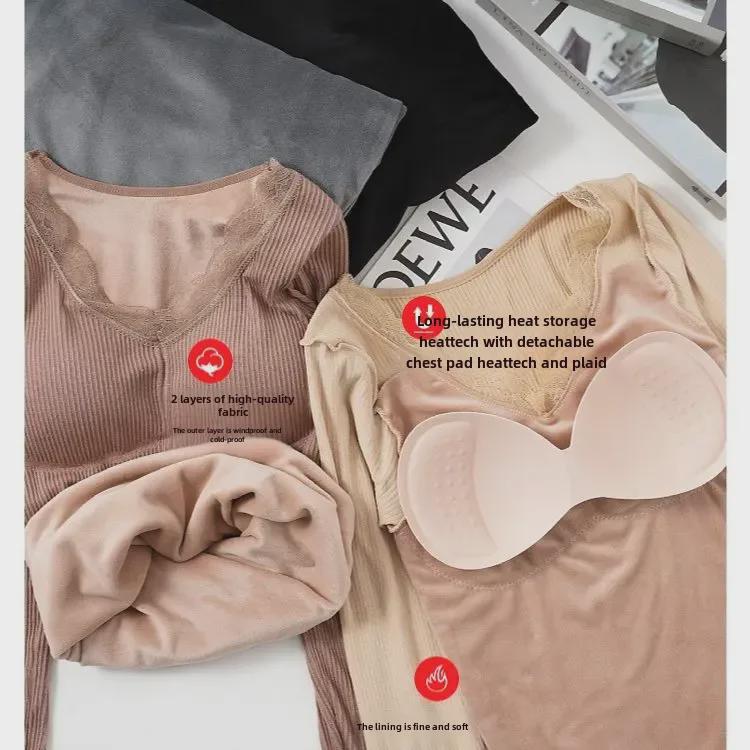 "Top de iarnă călduros pentru femei cu gât în V din fleece cu cupe pentru bust, mânecă lungă, cămașă strâmtă de bază"