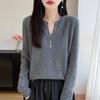 Autumn/Winter Women's Pure Wool V-neck Long Sleeve Multi-button Loose Sweater