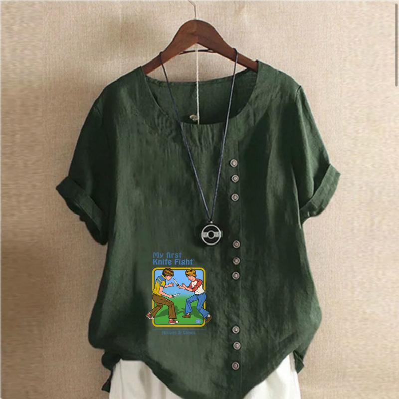 Women's Fashion Playing Children Print Short Sleeve T-shirt Loose Cotton Shirt Casual Loose Summer Blouse Tops Plus Size