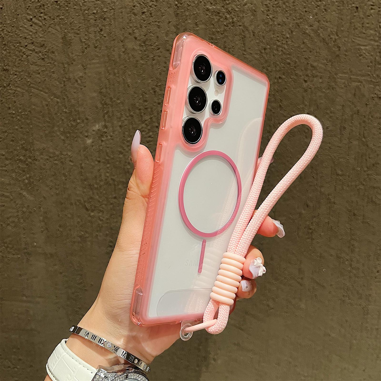 

For Samsung Galaxy S25 Ultra Magnetic Case with Wrist Strap TPU+PC Crystal Clear Phone Cover Pink