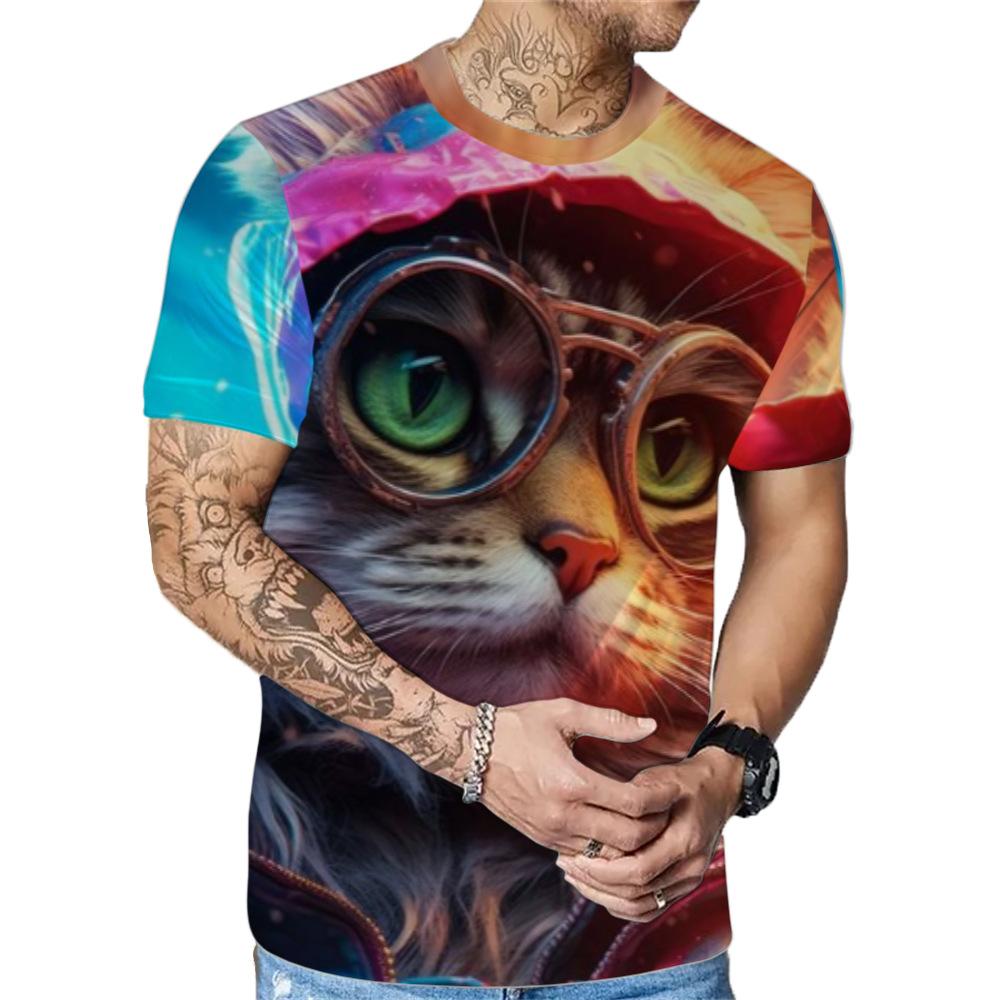 Letní Pánská Trička s Krátkým Rukávem s Módním Ležérním 3D Potiskem Kočky s Kulatým Výstřihem