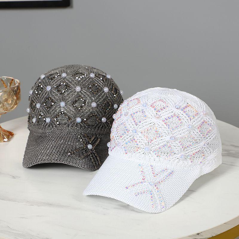 Dame vår sommer baseballcaps mote perle rhinestone rutete caps netting pustende solhatt