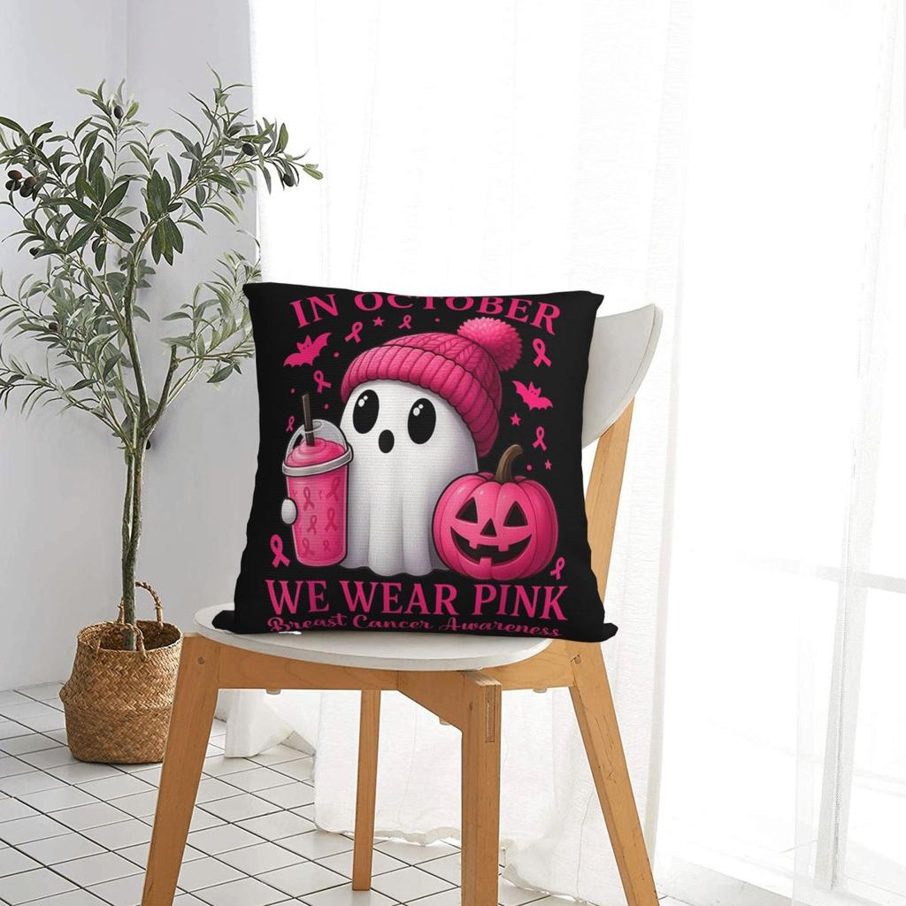 Breast Cancer Halloween Women In October We Wear Pink Pillow Case Cushion Cover Custom Zipper Decor Pillowcover for Sofa 4545cm