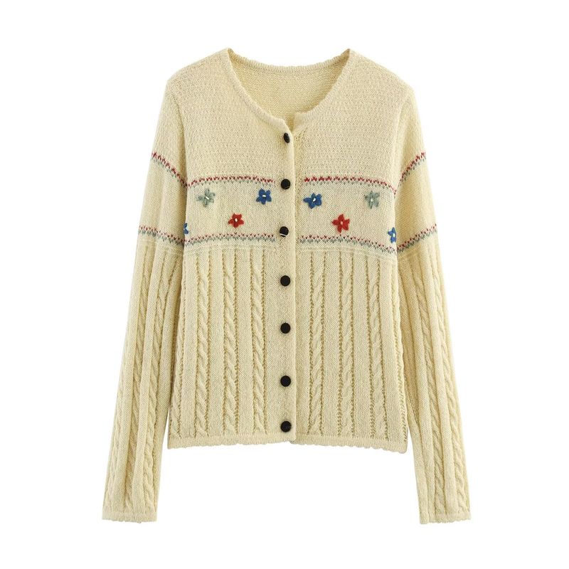 Kaslead New Women Clothes Western Style Fashion Simple and Versatile Loose Embroidery Flower Knit Cardigan