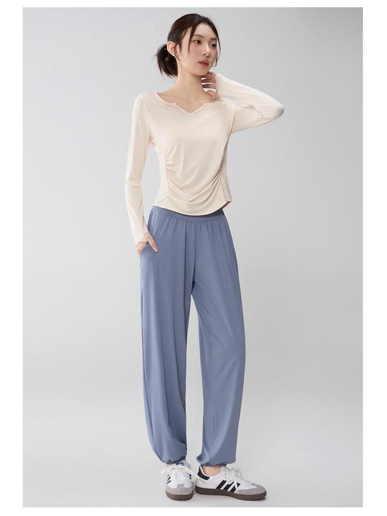 Women's V-Neck Yoga Suit: Loose, Quick-Dry, Long Sleeve for Casual Sports and Pilates Training