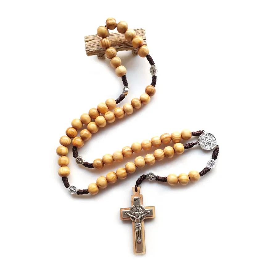 1pcs Brown Wood Beads Strand Necklace Jesus Cross Weave Rosaries Catholic Religious Jewelry