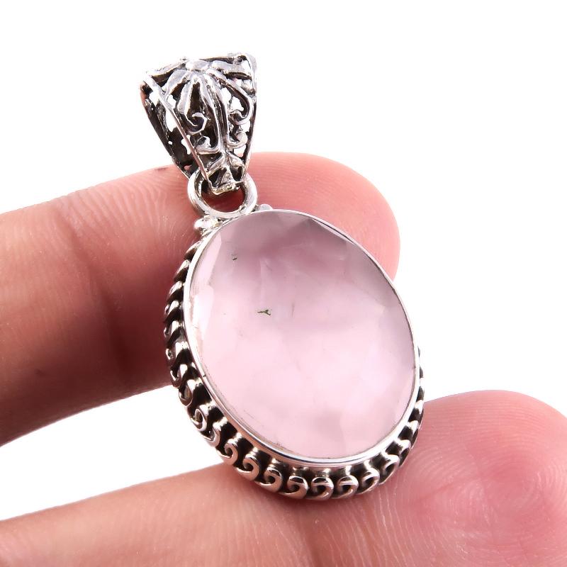 Natural Rose Quartz Gemstone 925 Solid Sterling Silver Jewelry Pendant 1.5" F7I97