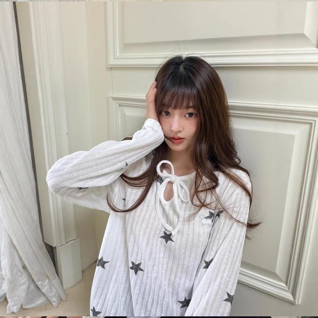 Star Print Lace-up Loose Sunscreen Blouse Women's Long-sleeved Summer New Korean Casual Style Commuter T-shirt Top