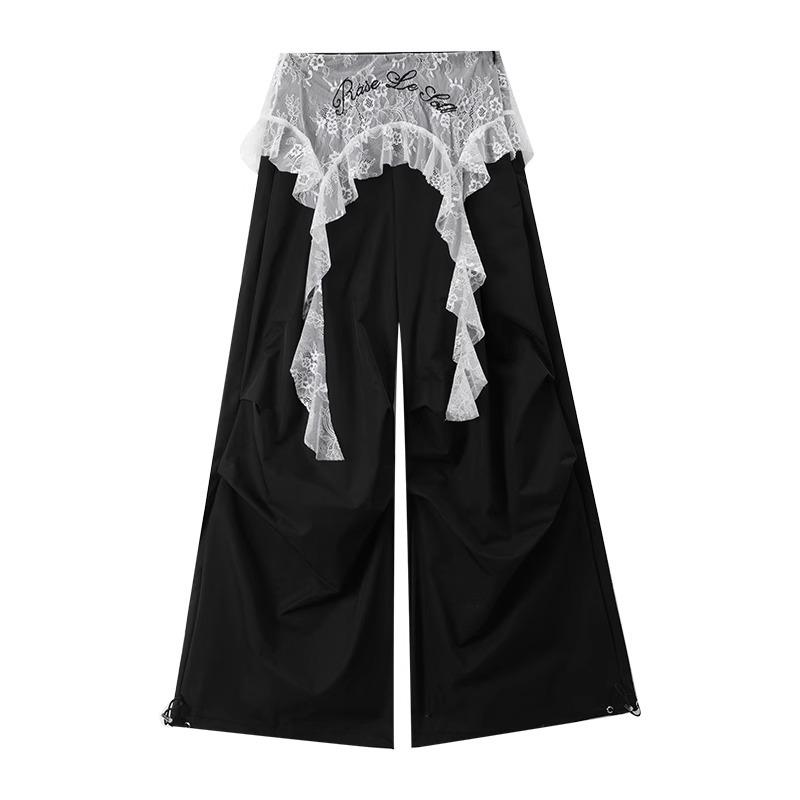 New Spring and Summer Fashion Versatile Lace Splicing Loose Casual Fake Two-piece Wide-leg Tooling Trousers Women's Tide