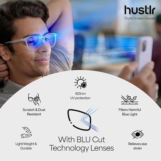 HUSTLR Zero Power Bluecut & Antiglare Computer Eyeglasses| Peyush Bansal Glasses | For Men & Women | Medium | LB E14058-W