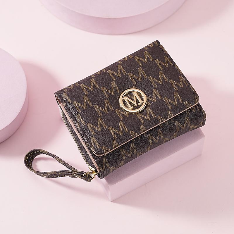 

Женский короткий кошелек на молнии с тремя сгибами и маленький кошелек, простой и модный с визитницей со старым узором темно-коричневого