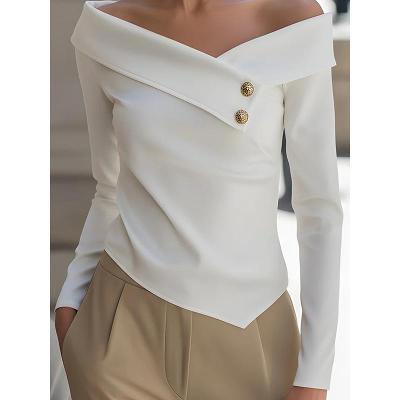 Весенние Элегантные Женские Футболки Белые С Открытыми Плечами Приталенные Офисные Топы Женская Мода Рубашка с Длинным Рукавом Женская Футболка S