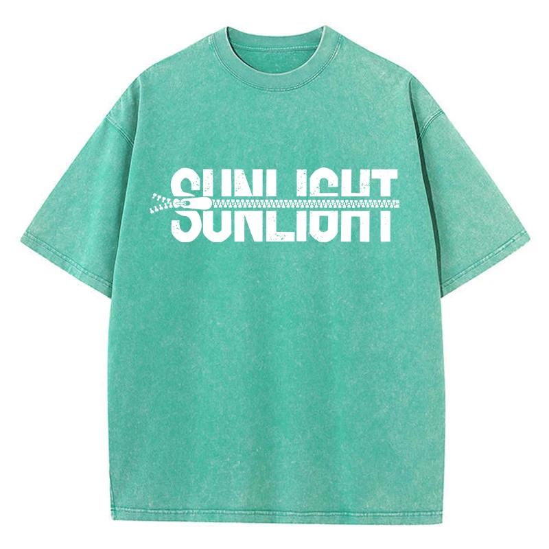 Sunlight Cotton Washed T Shirts Women Zipper Pattern Prints T-Shirts Distressed Oversized O-Neck Tops Womans Streetwear
