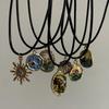 Vintage Drip Oil Flower Sun Pendant Necklace Leather Rope