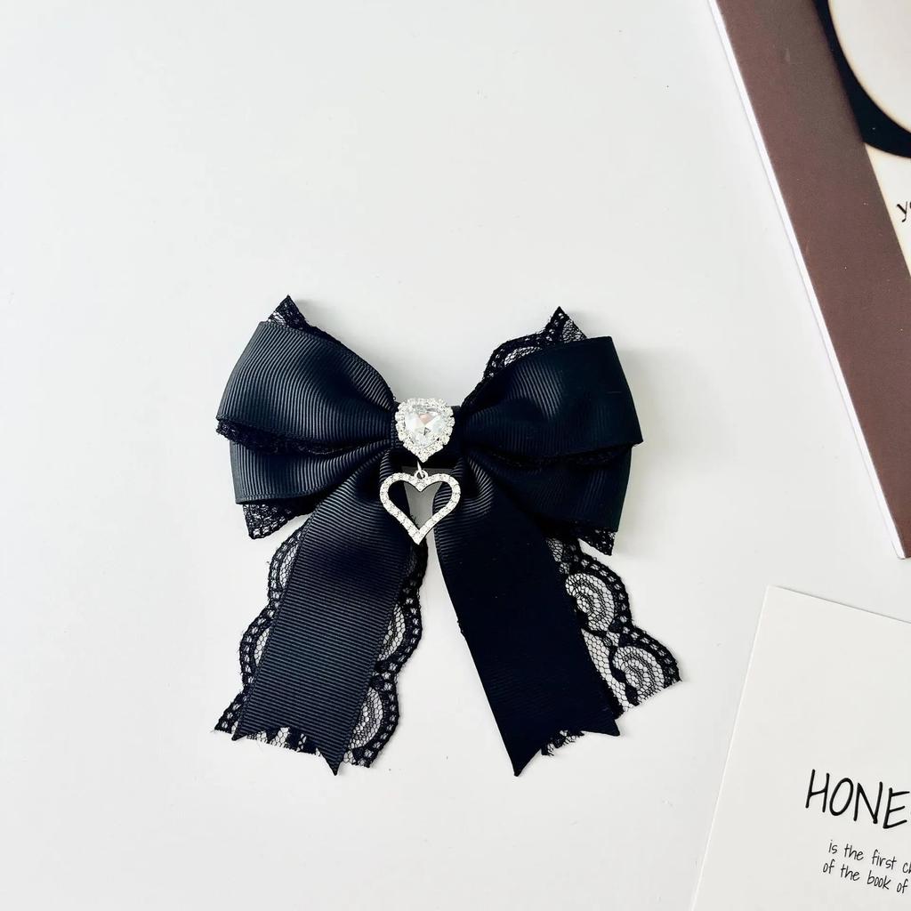 Korean Women's Lace Bow Tie Brooch Heart Shape Rhinestone Pendant Lolita Suit Skirt Accessories Pin Clips Handmade Jewelry Gift
