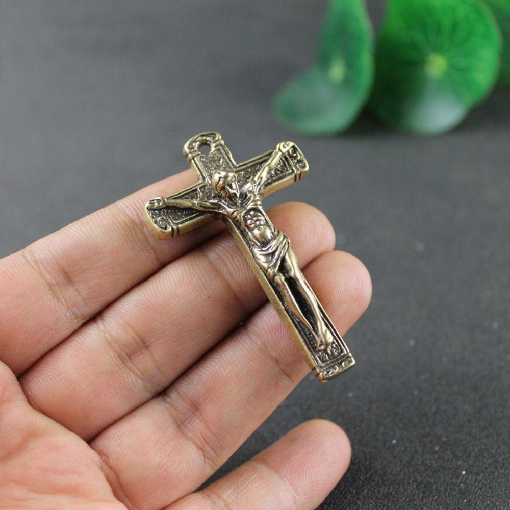 Cross Shape Jesus Statue Keychain Pure Copper Chapel Hanging Ornaments  Car Keychain