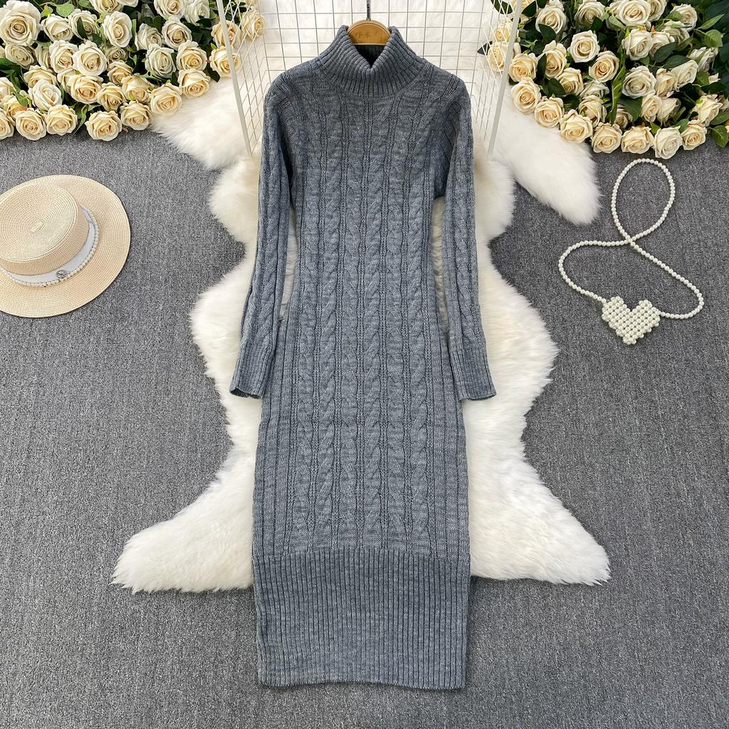 Autumn Winter Women Casual Turtleneck Twist Knitted Sweater Long Midi Slim Bodycon Pullover Dresses