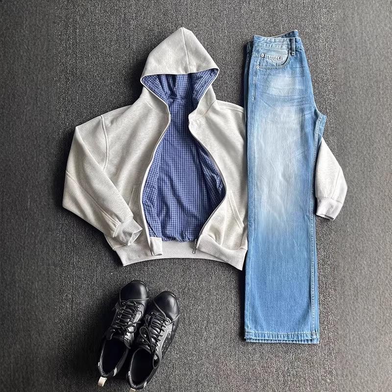 2026 New Men's American Plaid Zipper Hoodie Cardigan Jacket - Cleanfit Vibe Short Wide Design