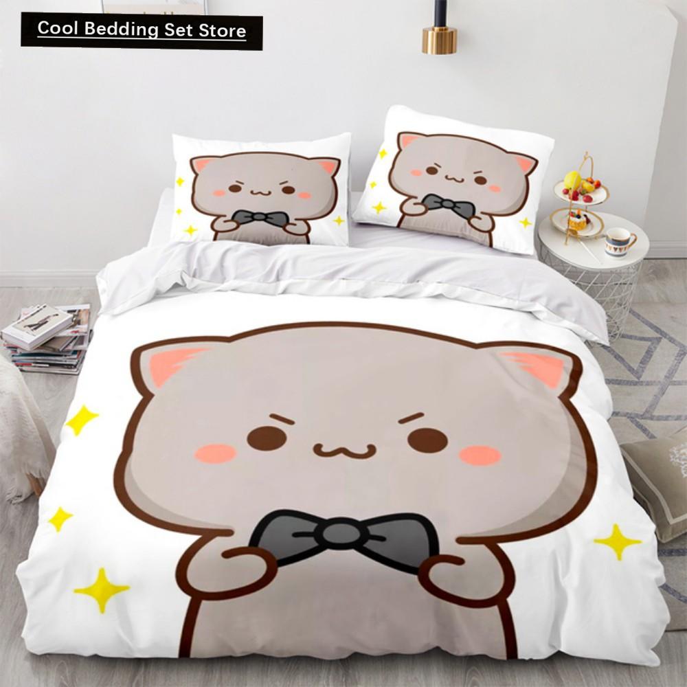 Lovely Peach Cat Bedding Set Cartoon Comforter Sets Double Queen King Twin Full Size Duvet Cover Set Kids Girls White Bed Linen