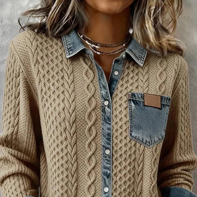Woman Fashion Patchwork Knitted Sweater Autumn Turn-down Collar Button Top Cardigan Winter Long Sleeve Knitwear Shirt Outerwears
