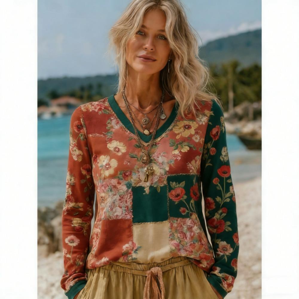 Europe America Style Fashion Splicing Colors V-neck Women's T-shirt Pullover Women Long Sleeve Clothing Outdoor Casual Tees Top