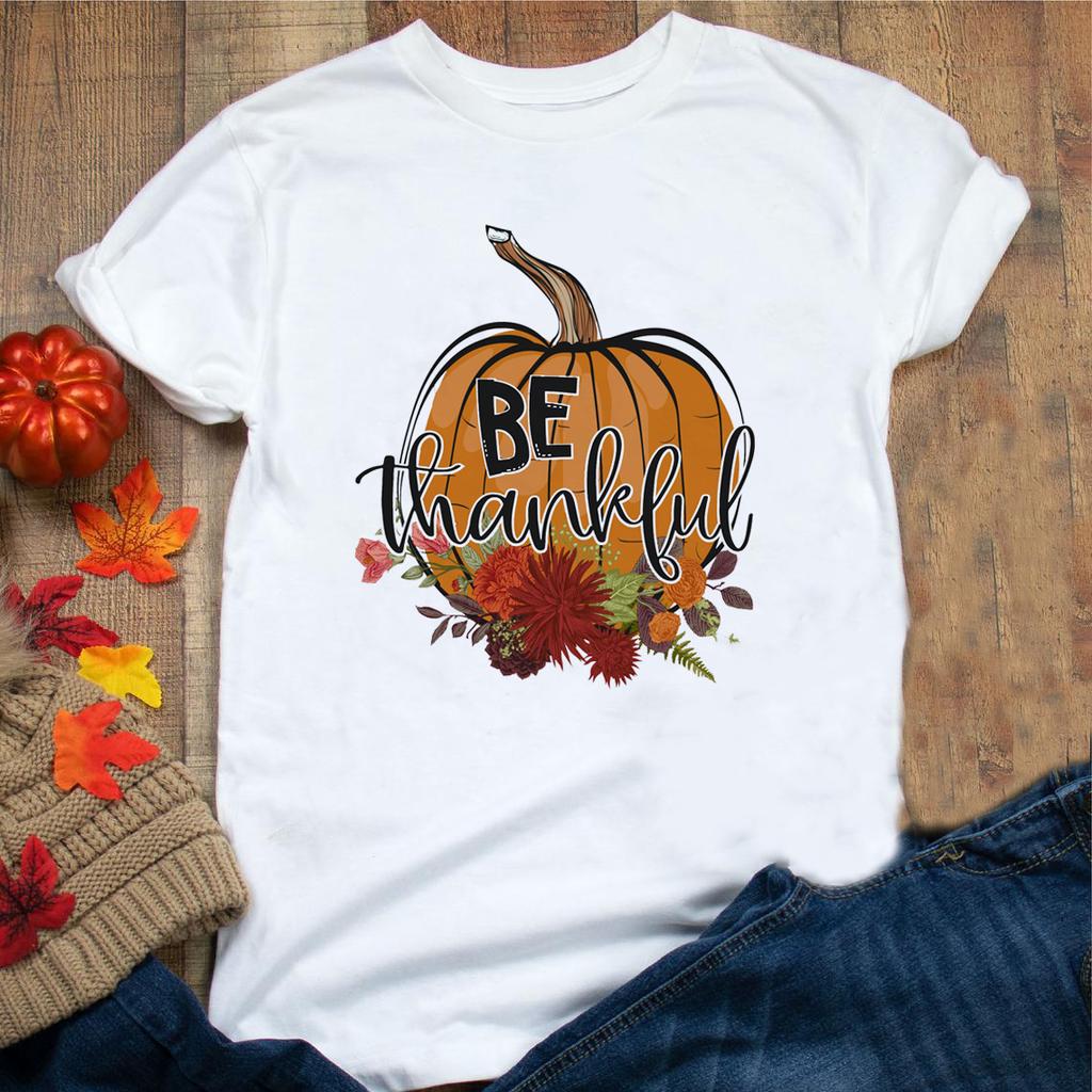 Halloween Be Thankful Pumpkin Print Women White T Shirt Sweet Fall Greatful Blessed Female Short Sleeve