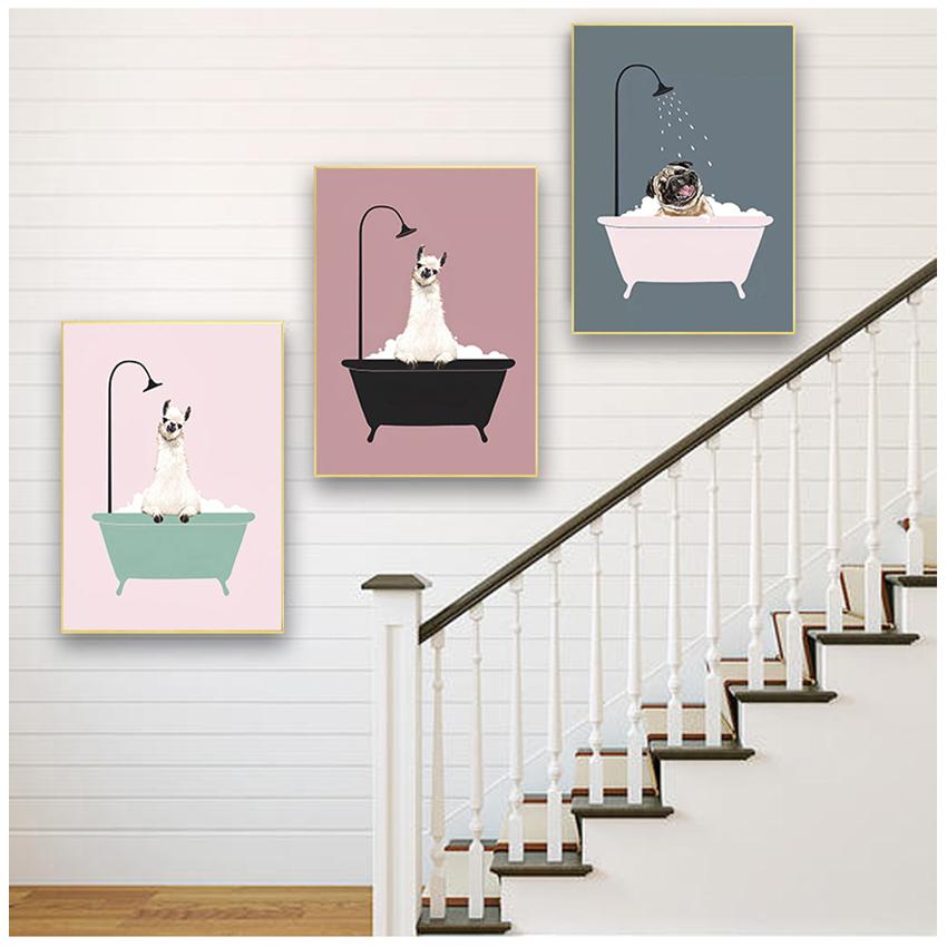 Picture Nordic Baby Girl Room Decor Nursery Wall Art Canvas Minimalist Bath Animal Pink Cartoon Painting Decoration