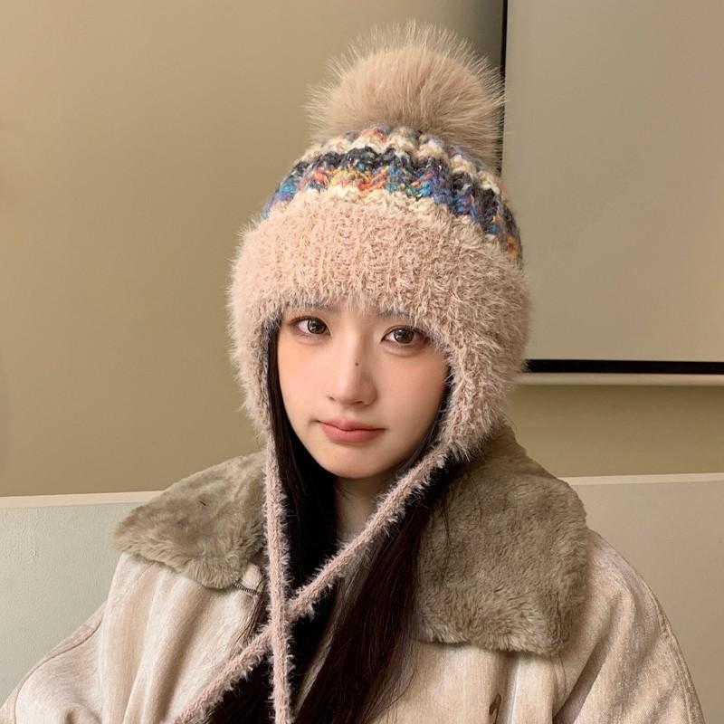 New Autumn and Winter Warm Plush Hat Knitted Hat Women's Fashion Ear Hat Windproof Hat