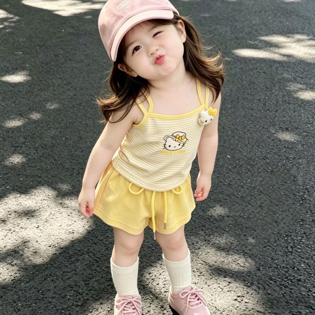 Cute Baby Girl Summer Outfit Fake Two Piece Camisole And Shorts Set Stylish Casual Toddler Clothes