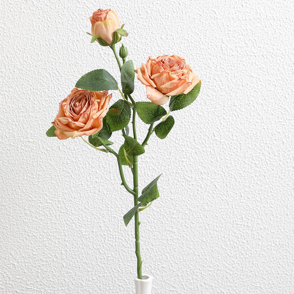 Scorched Edge 3-Head Artificial Rose, Retro Style Fake Flower for Home and Wedding Decoration, Photography Prop.