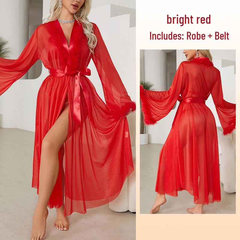 Fiyun Women's Silver Silk Pajamas & Bathrobe Set - Light Luxury, Long Sleeve, Fuzzy Cool Feel Homewear