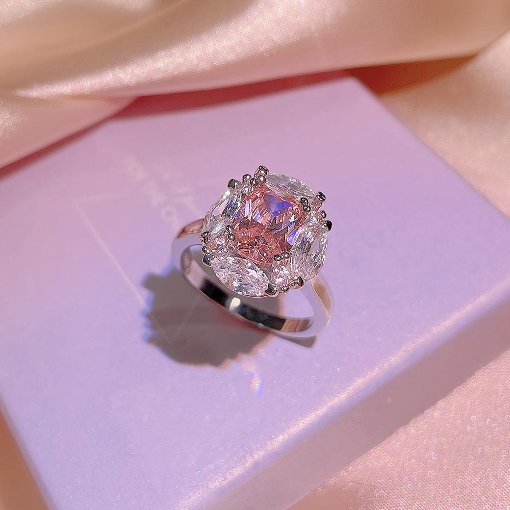 NEW Classic 925  Inlaid Zircon Engagement Ring Pink Crystal Women Shiny Zircon Jewelry Heart-shaped Pink Women's Ring