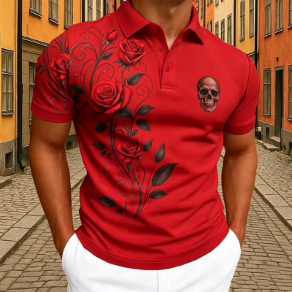 Fashion Skull Red Rose Floral Print Polo Shirt Men's Outdoor Street Short Sleeve Tees Top Summer Home Casual T-shirt Men's and Women's Polo Shirt