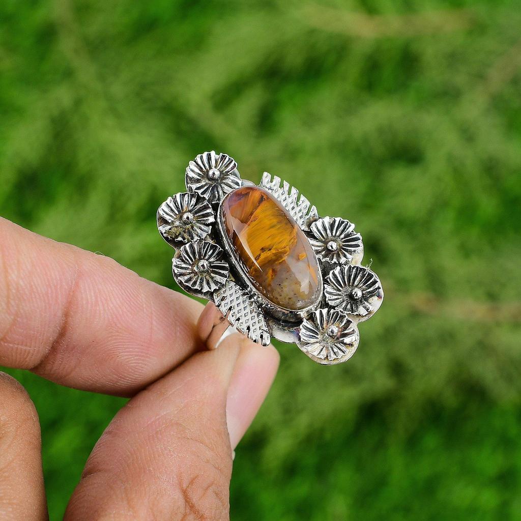 Natural Golden Pietersite Statement Flower Adjustable Ring 925 Silver