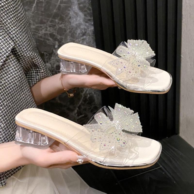 Módní mašle křišťálové střední podpatky pantofle designérské luxusní sandály slingback 2025 léto nové boty elegantní lodičky na šaty párty sandalias mujer