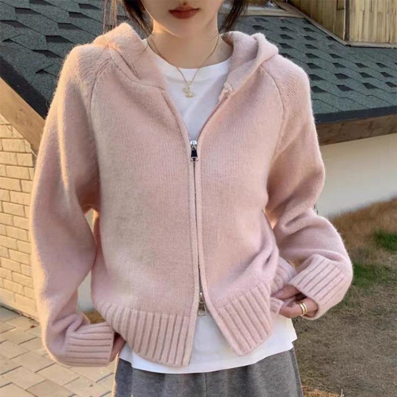 Double zipper hooded knitted cardigan women's autumn and winter exterior design lazy gentle wind sweater jacket