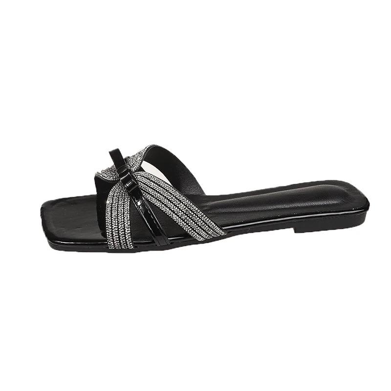 Fashion Shiny Rhinestone Flat Slippers for Women 2025 Summer New Open Toe Sandals Fashionable Beach Party Women's Shoes Flip Flops Women