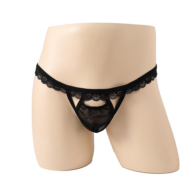 Men'S Sexy Low Rise T-Back Thong G-String Hollow Out Bulge Pouch Panties Lace Trim Belt Sissy Lingerie Naughty Male Nightwear
