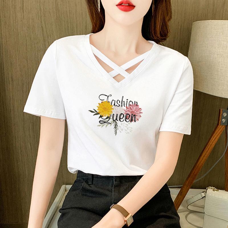 Women's 100% Pure Cotton Crossover V-Neck Short Sleeve T-Shirt - 2024 Korean Casual Summer Fashion Trend