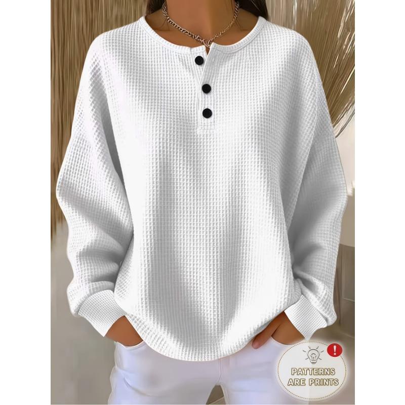 Henley Collar Standard Size Women'S Waffle Long Sleeve Casual T-Shirt, Pure Pink, Soft Skin-Friendly Breathable Fabric